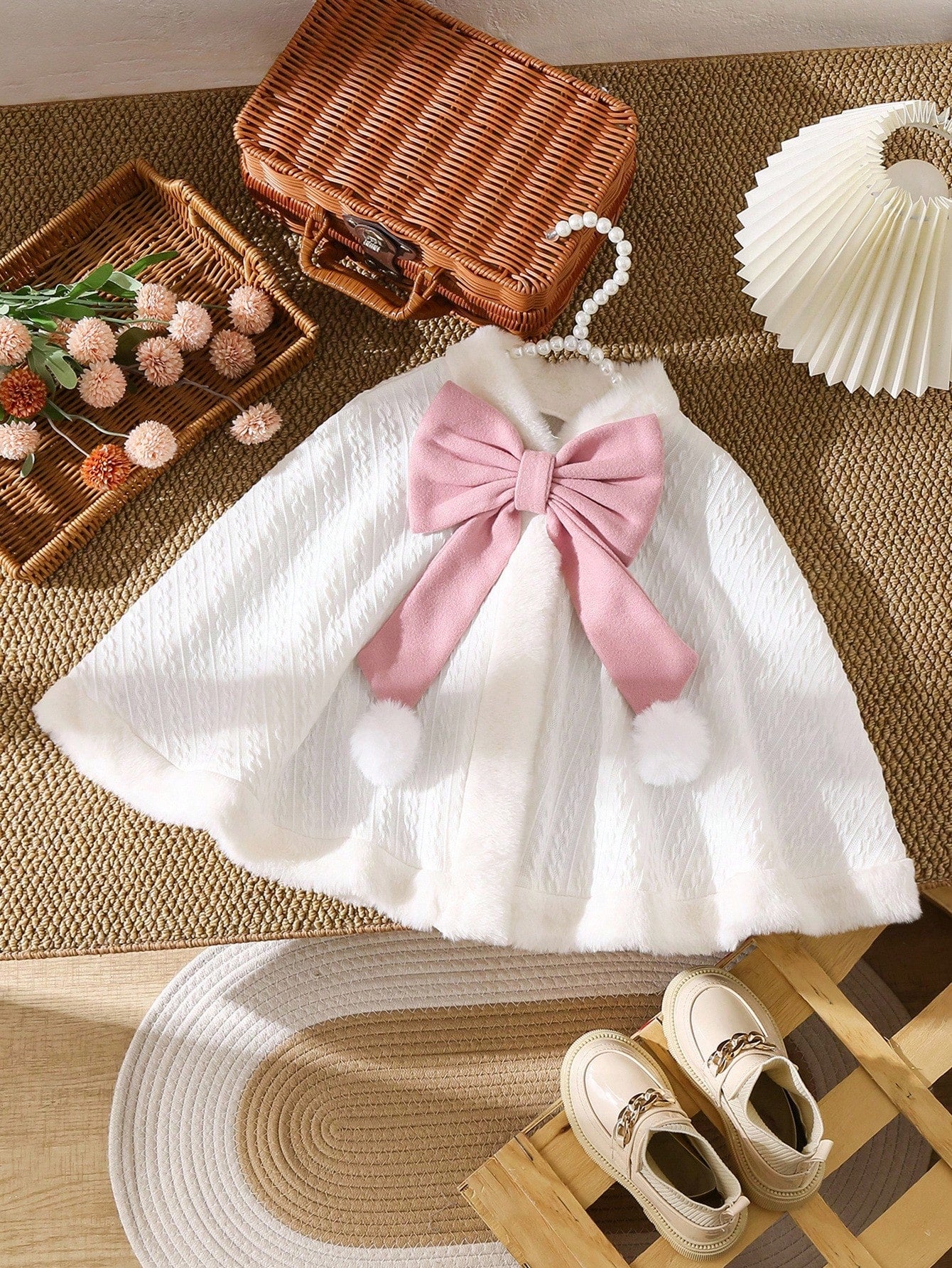 Explorewe Young Girl Faux Fur Collar Bow Decor Hooded Warm Fashion Jacket Girls Winter Cape Cape With Bow Faux Fur Cape Young Girl Winter Clothes Fall