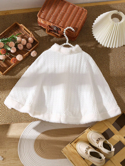 Explorewe Young Girl Faux Fur Collar Bow Decor Hooded Warm Fashion Jacket Girls Winter Cape Cape With Bow Faux Fur Cape Young Girl Winter Clothes Fall