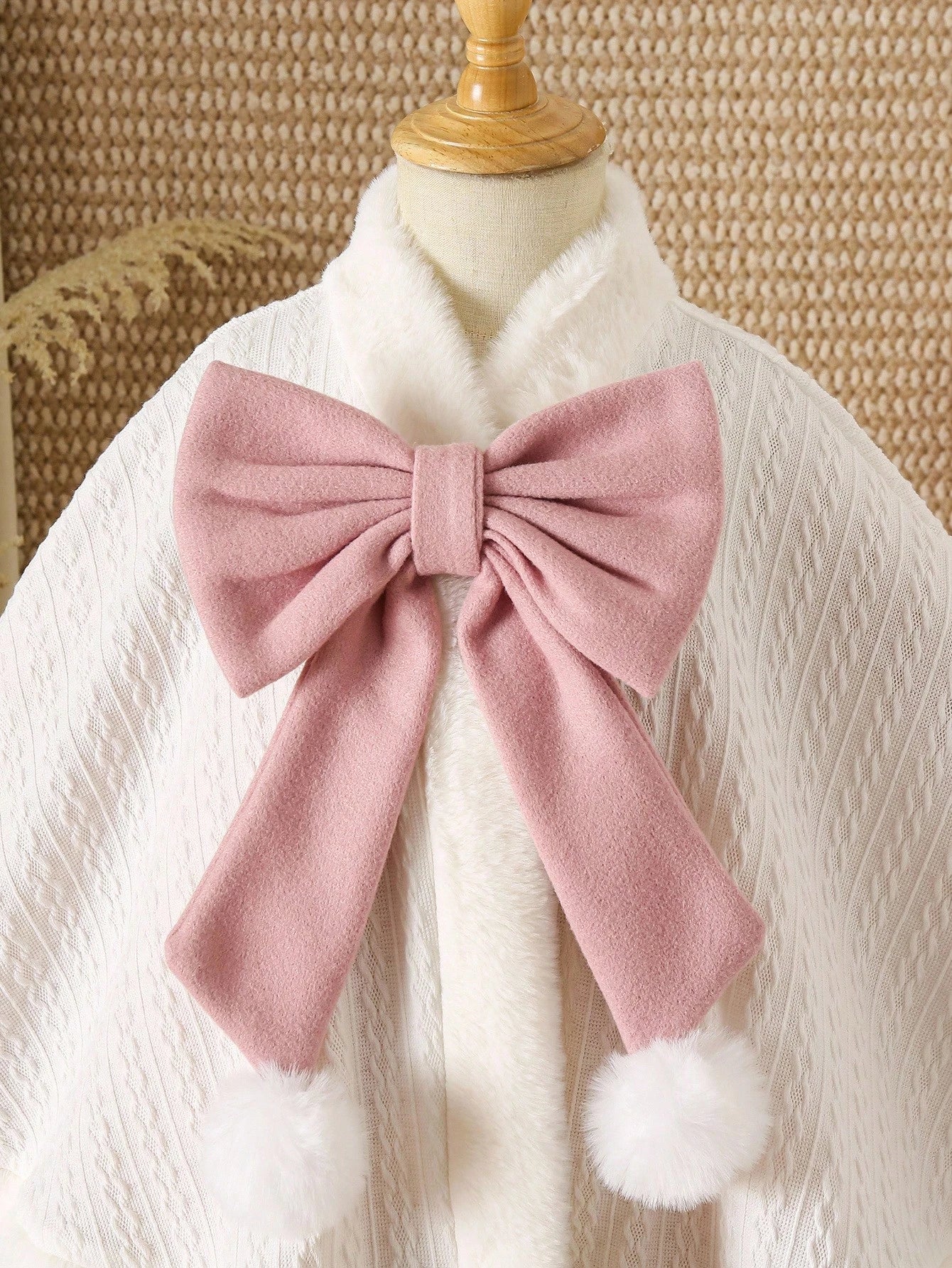 Explorewe Young Girl Faux Fur Collar Bow Decor Hooded Warm Fashion Jacket Girls Winter Cape Cape With Bow Faux Fur Cape Young Girl Winter Clothes Fall