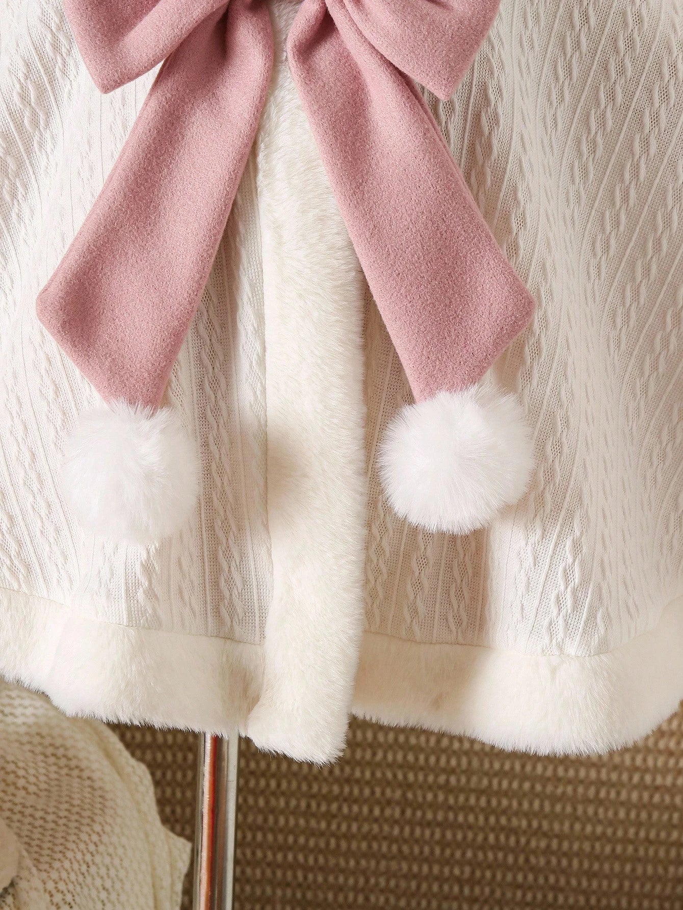 Explorewe Young Girl Faux Fur Collar Bow Decor Hooded Warm Fashion Jacket Girls Winter Cape Cape With Bow Faux Fur Cape Young Girl Winter Clothes Fall