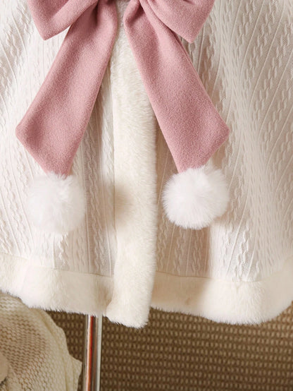 Explorewe Young Girl Faux Fur Collar Bow Decor Hooded Warm Fashion Jacket Girls Winter Cape Cape With Bow Faux Fur Cape Young Girl Winter Clothes Fall