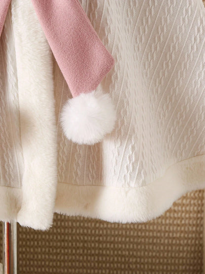Explorewe Young Girl Faux Fur Collar Bow Decor Hooded Warm Fashion Jacket Girls Winter Cape Cape With Bow Faux Fur Cape Young Girl Winter Clothes Fall