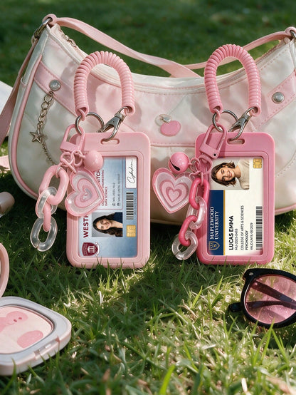 Exquisite Heart-Shaped ID Card Holder, Bell Heart-Shaped Hanging Card Sleeve, Card Holder, Retractable Plastic Spring Card Strap Keychain- Hard Card Holder, Work Badge Protector; No RFID Function, Wi