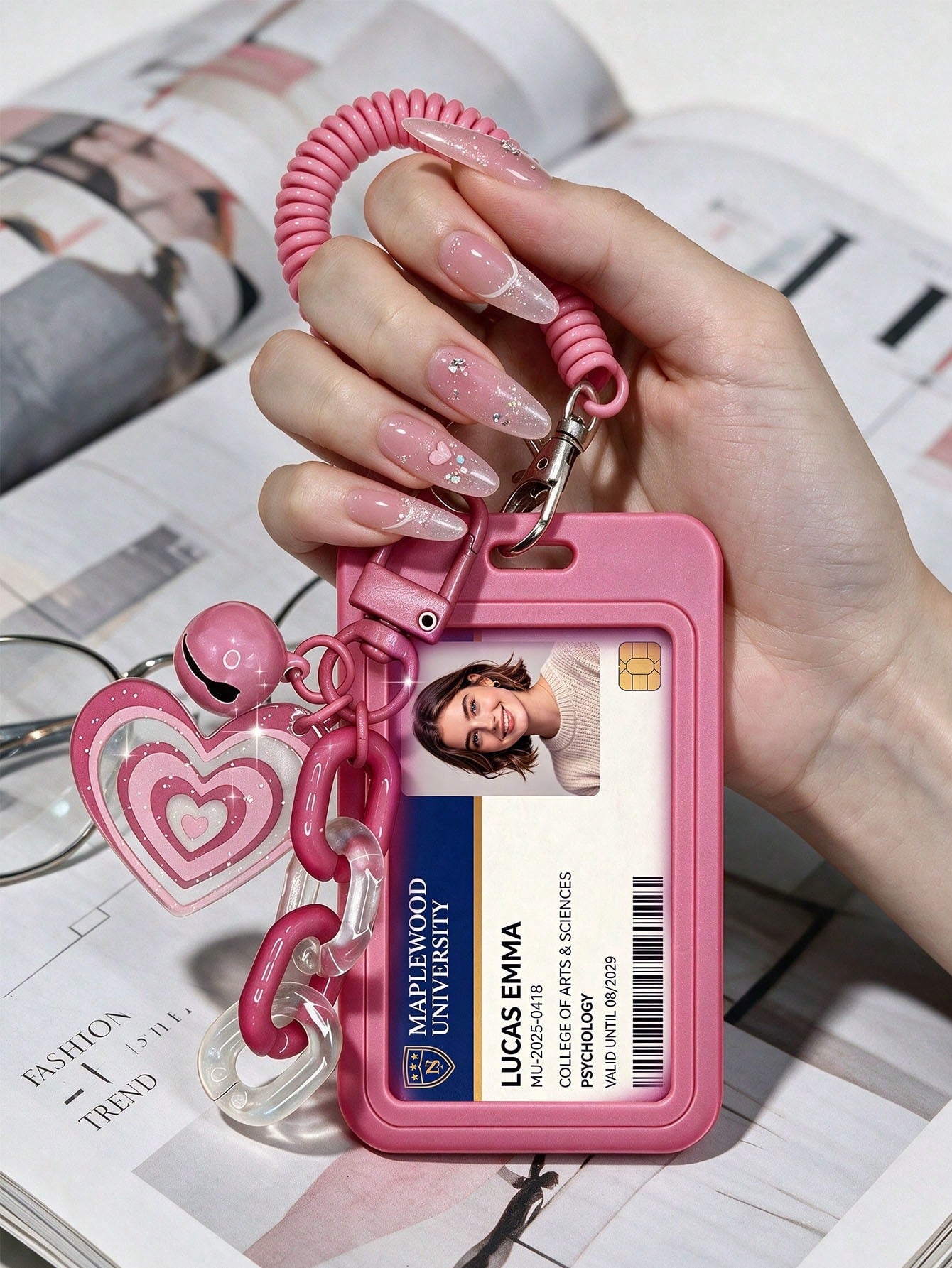 Exquisite Heart-Shaped ID Card Holder, Bell Heart-Shaped Hanging Card Sleeve, Card Holder, Retractable Plastic Spring Card Strap Keychain- Hard Card Holder, Work Badge Protector; No RFID Function, Wi