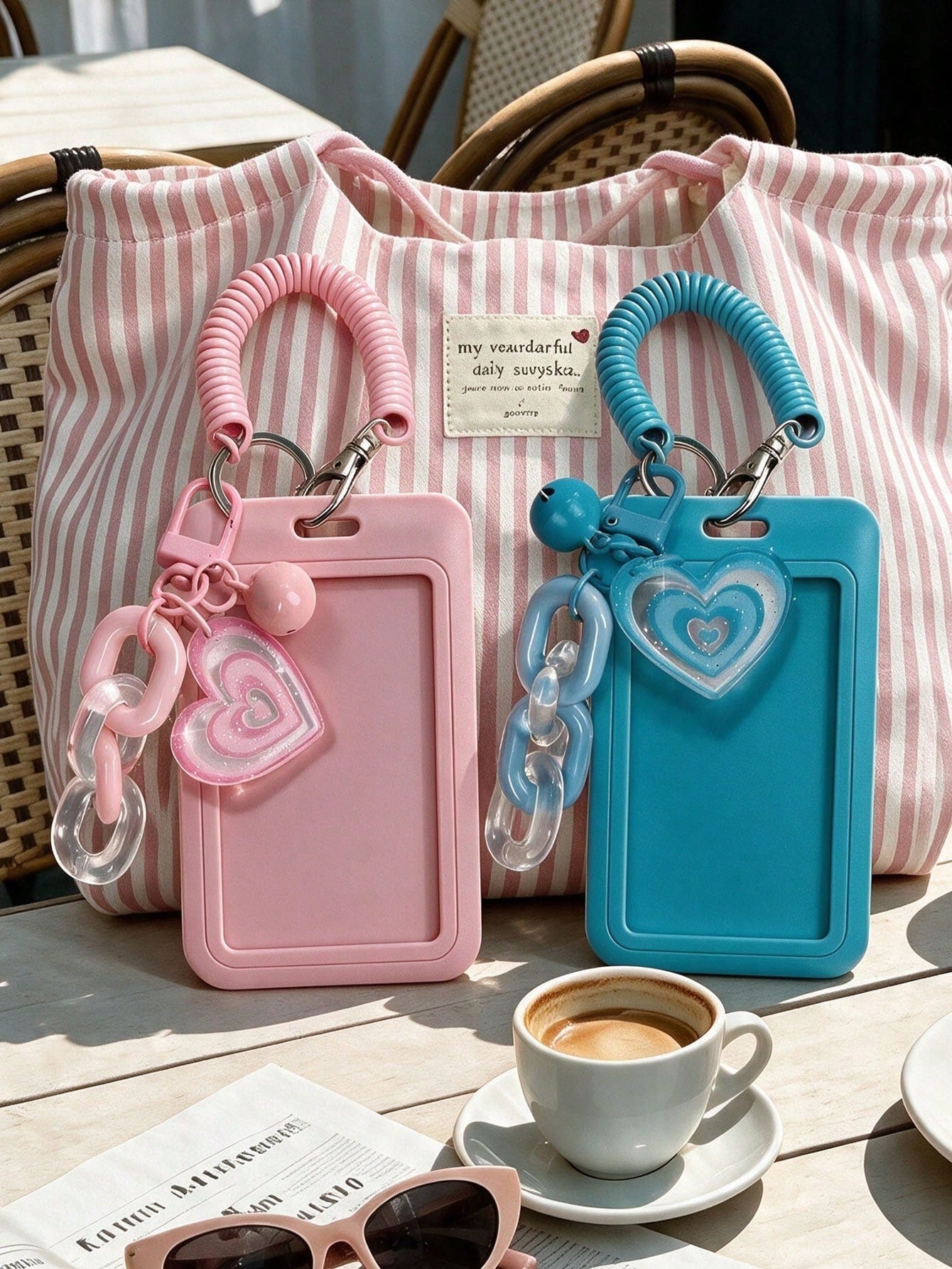 Exquisite Heart-Shaped ID Card Holder, Bell Heart-Shaped Hanging Card Sleeve, Card Holder, Retractable Plastic Spring Card Strap Keychain- Hard Card Holder, Work Badge Protector; No RFID Function, Wi