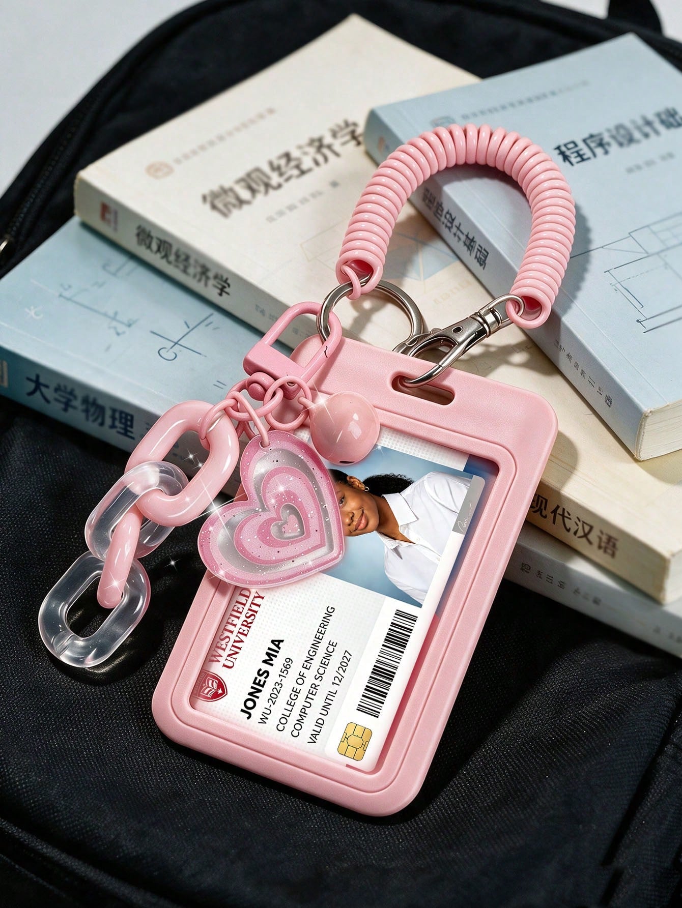 Exquisite Heart-Shaped ID Card Holder, Bell Heart-Shaped Hanging Card Sleeve, Card Holder, Retractable Plastic Spring Card Strap Keychain- Hard Card Holder, Work Badge Protector; No RFID Function, Wi