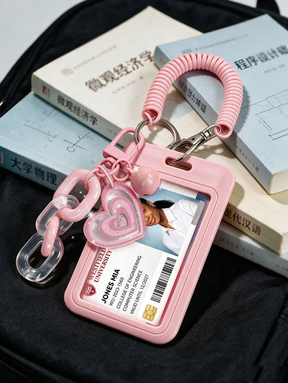 Exquisite Heart-Shaped ID Card Holder, Bell Heart-Shaped Hanging Card Sleeve, Card Holder, Retractable Plastic Spring Card Strap Keychain- Hard Card Holder, Work Badge Protector; No RFID Function, Wi