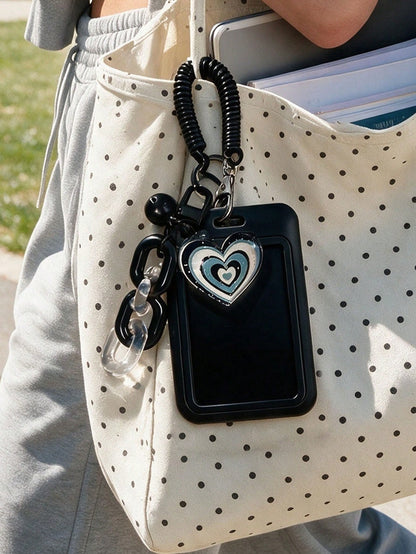 Exquisite Heart-Shaped ID Card Holder, Bell Heart-Shaped Hanging Card Sleeve, Card Holder, Retractable Plastic Spring Card Strap Keychain- Hard Card Holder, Work Badge Protector; No RFID Function, Wi