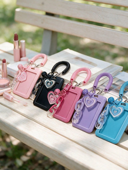 Exquisite Heart-Shaped ID Card Holder, Bell Heart-Shaped Hanging Card Sleeve, Card Holder, Retractable Plastic Spring Card Strap Keychain- Hard Card Holder, Work Badge Protector; No RFID Function, Wi