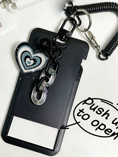 Exquisite Heart-Shaped ID Card Holder, Bell Heart-Shaped Hanging Card Sleeve, Card Holder, Retractable Plastic Spring Card Strap Keychain- Hard Card Holder, Work Badge Protector; No RFID Function, Wi