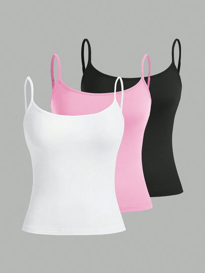 EZwear 3pcs/Set Casual Adjustable Strap Fitted Tank Top, Suitable For Summer