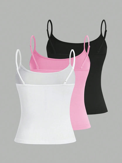 EZwear 3pcs/Set Casual Adjustable Strap Fitted Tank Top, Suitable For Summer