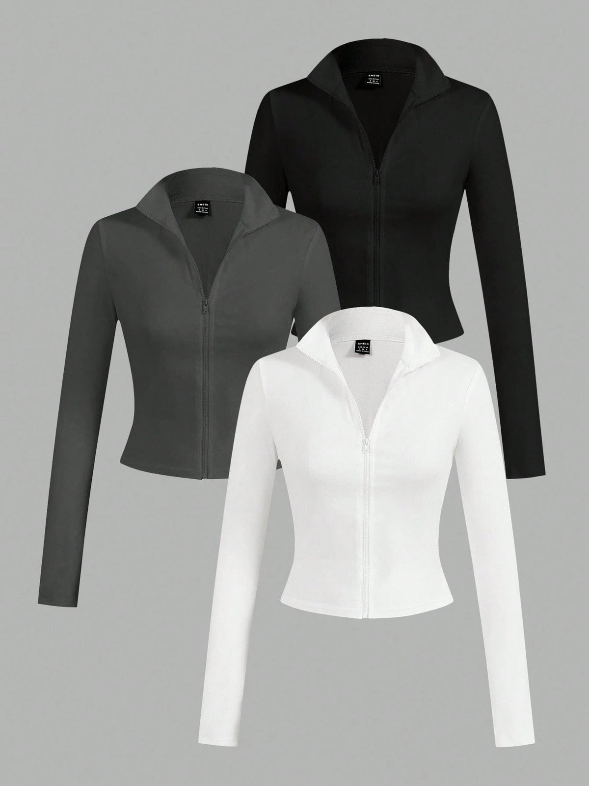 EZwear 3pcs/Set Casual Minimalist White & Black Knit Zip-Up Long Sleeve T-Shirts For WomenIn Fall/Winter