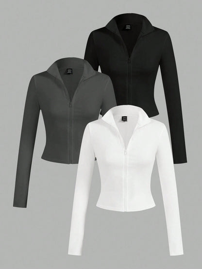 EZwear 3pcs/Set Casual Minimalist White & Black Knit Zip-Up Long Sleeve T-Shirts For WomenIn Fall/Winter