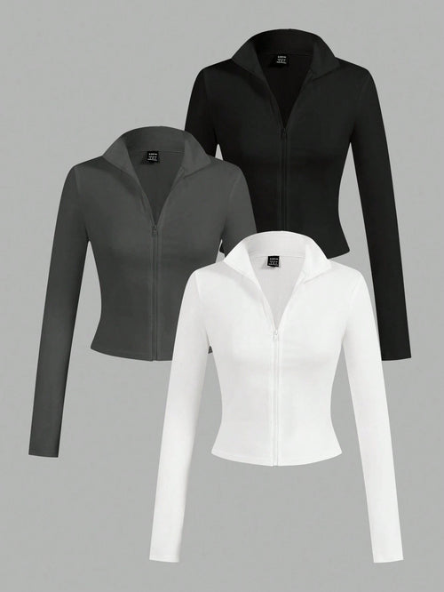 EZwear 3pcs/Set Casual Minimalist White & Black Knit Zip-Up Long Sleeve T-Shirts For WomenIn Fall/Winter