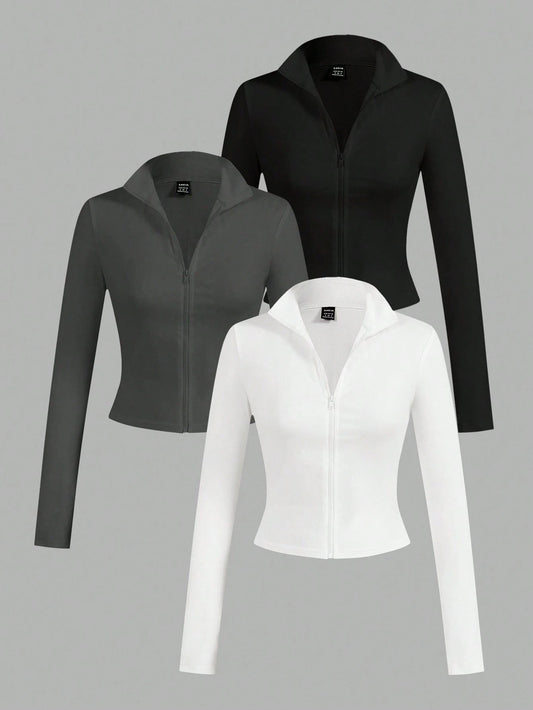 EZwear 3pcs/Set Casual Minimalist White & Black Knit Zip-Up Long Sleeve T-Shirts For WomenIn Fall/Winter