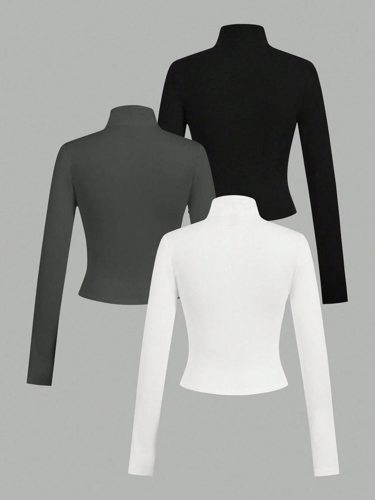 EZwear 3pcs/Set Casual Minimalist White & Black Knit Zip-Up Long Sleeve T-Shirts For WomenIn Fall/Winter