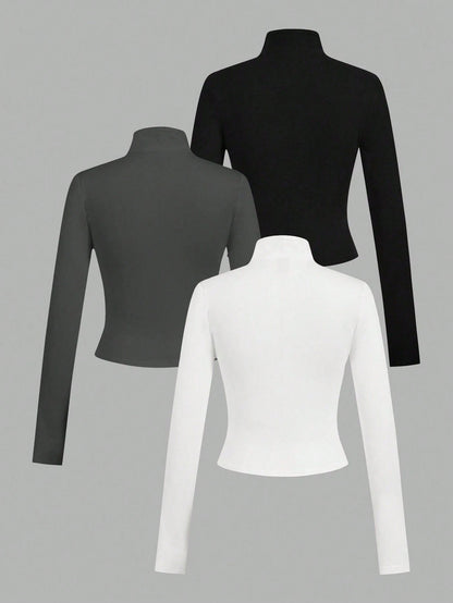 EZwear 3pcs/Set Casual Minimalist White & Black Knit Zip-Up Long Sleeve T-Shirts For WomenIn Fall/Winter