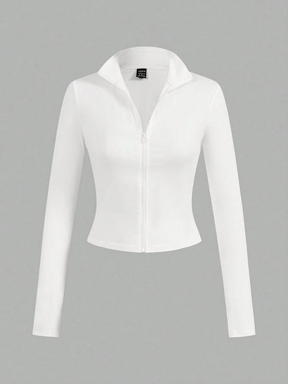 EZwear 3pcs/Set Casual Minimalist White & Black Knit Zip-Up Long Sleeve T-Shirts For WomenIn Fall/Winter