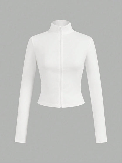 EZwear 3pcs/Set Casual Minimalist White & Black Knit Zip-Up Long Sleeve T-Shirts For WomenIn Fall/Winter