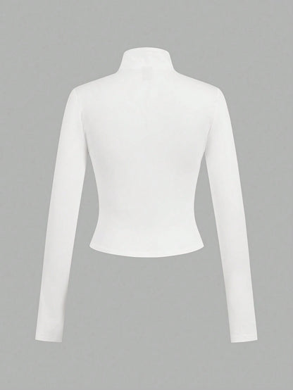 EZwear 3pcs/Set Casual Minimalist White & Black Knit Zip-Up Long Sleeve T-Shirts For WomenIn Fall/Winter
