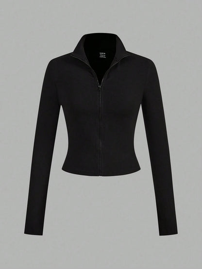 EZwear 3pcs/Set Casual Minimalist White & Black Knit Zip-Up Long Sleeve T-Shirts For WomenIn Fall/Winter