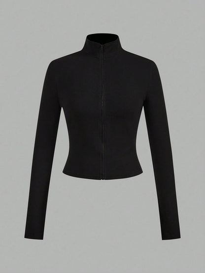 EZwear 3pcs/Set Casual Minimalist White & Black Knit Zip-Up Long Sleeve T-Shirts For WomenIn Fall/Winter