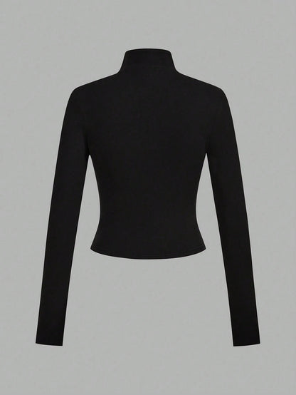 EZwear 3pcs/Set Casual Minimalist White & Black Knit Zip-Up Long Sleeve T-Shirts For WomenIn Fall/Winter