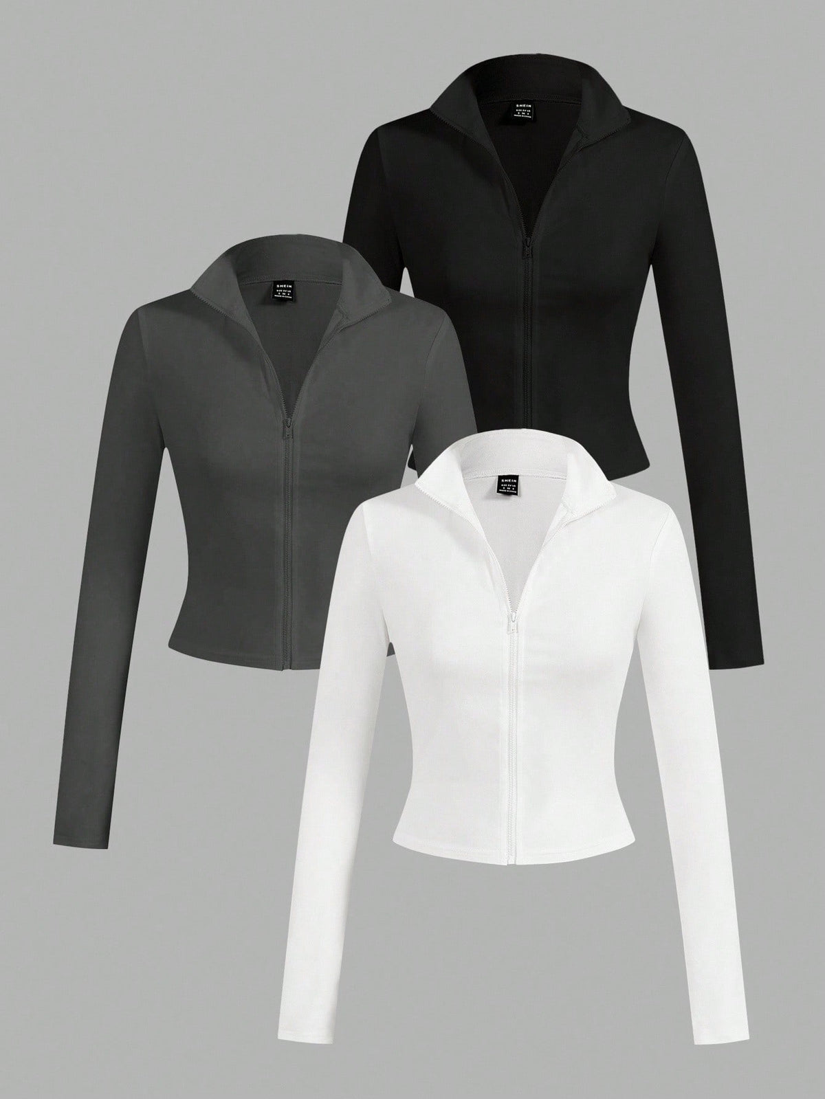 EZwear 3pcs/Set Casual Minimalist White & Black Knit Zip-Up Long Sleeve T-Shirts For WomenIn Fall/Winter