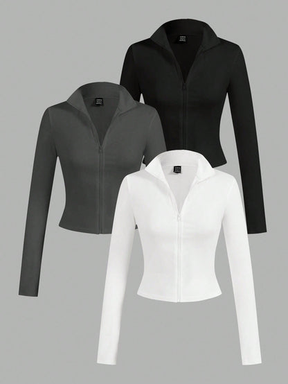 EZwear 3pcs/Set Casual Minimalist White & Black Knit Zip-Up Long Sleeve T-Shirts For WomenIn Fall/Winter