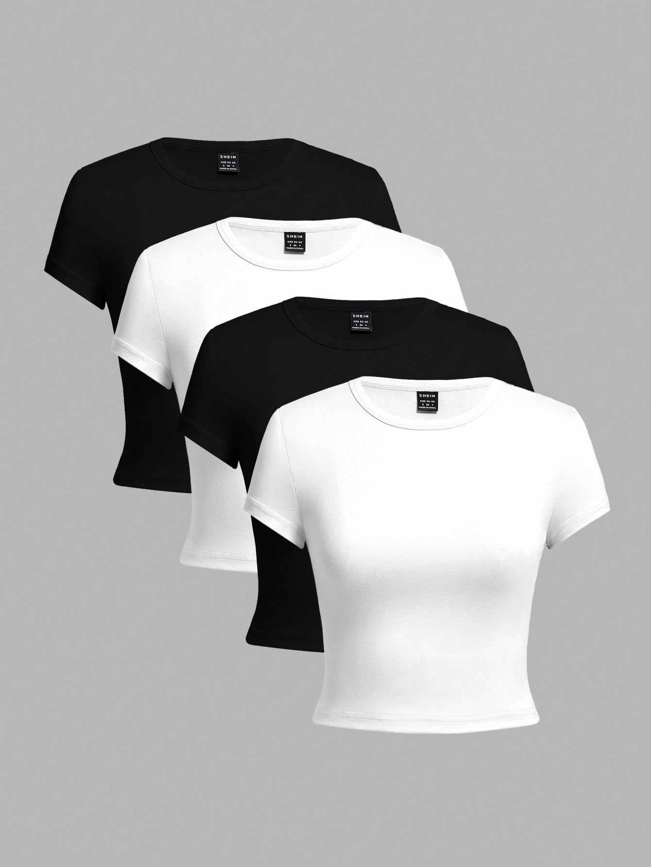 EZwear 4 Set Multicolor Casual Minimalist Black & White Round Neck Short Sleeve Women's Slim Fit T-Shirt, Suitable For Summer Suitable For Going Out
