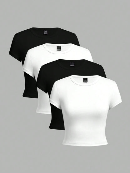 EZwear 4 Set Multicolor Casual Minimalist Black & White Round Neck Short Sleeve Women's Slim Fit T-Shirt, Suitable For Summer Suitable For Going Out
