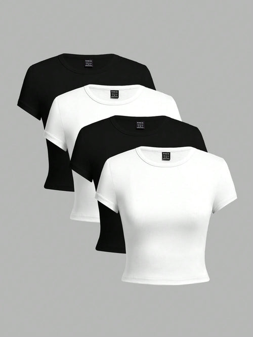 EZwear 4 Set Multicolor Casual Minimalist Black & White Round Neck Short Sleeve Women's Slim Fit T-Shirt, Suitable For Summer Suitable For Going Out