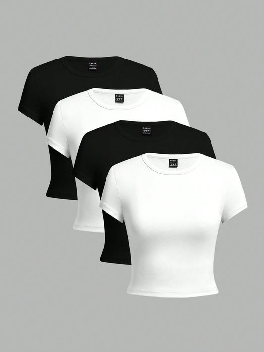 EZwear 4 Set Multicolor Casual Minimalist Black & White Round Neck Short Sleeve Women's Slim Fit T-Shirt, Suitable For Summer Suitable For Going Out