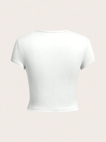 EZwear 4 Set Multicolor Casual Minimalist Black & White Round Neck Short Sleeve Women's Slim Fit T-Shirt, Suitable For Summer Suitable For Going Out
