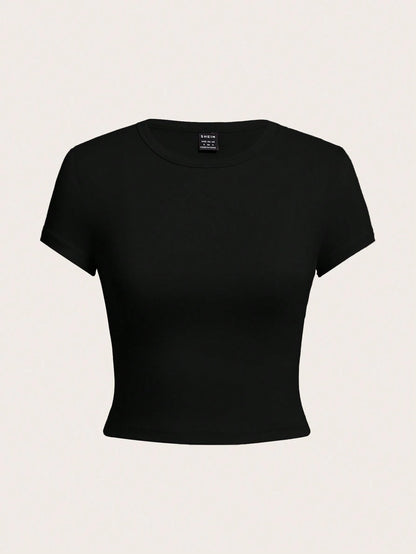 EZwear 4 Set Multicolor Casual Minimalist Black & White Round Neck Short Sleeve Women's Slim Fit T-Shirt, Suitable For Summer Suitable For Going Out