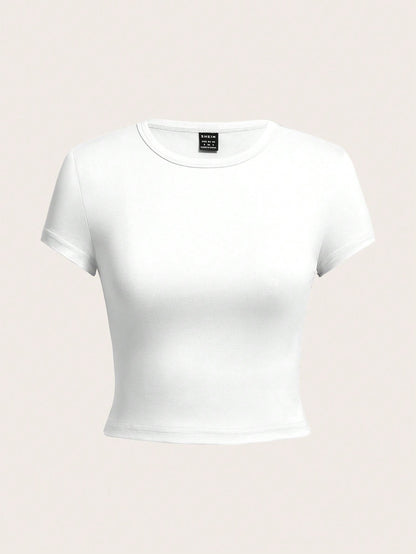 EZwear 4 Set Multicolor Casual Minimalist Black & White Round Neck Short Sleeve Women's Slim Fit T-Shirt, Suitable For Summer Suitable For Going Out