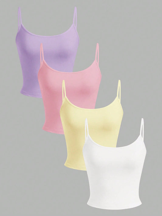 EZwear 4pcs/Set Women's Purple, Pink, Yellow, White Tight Cropped Casual Tank Tops, Suitable For Summer 3 Pack Cute Pastel Top