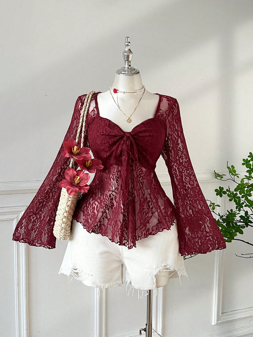 EZwear Burgundy Plus Size Elegant Sweetheart Collar Flare Sleeve Tie T-Shirt, Autumn Tea Party Cocktail Evening Date Night Birthday Wedding, Y2k Lace Top