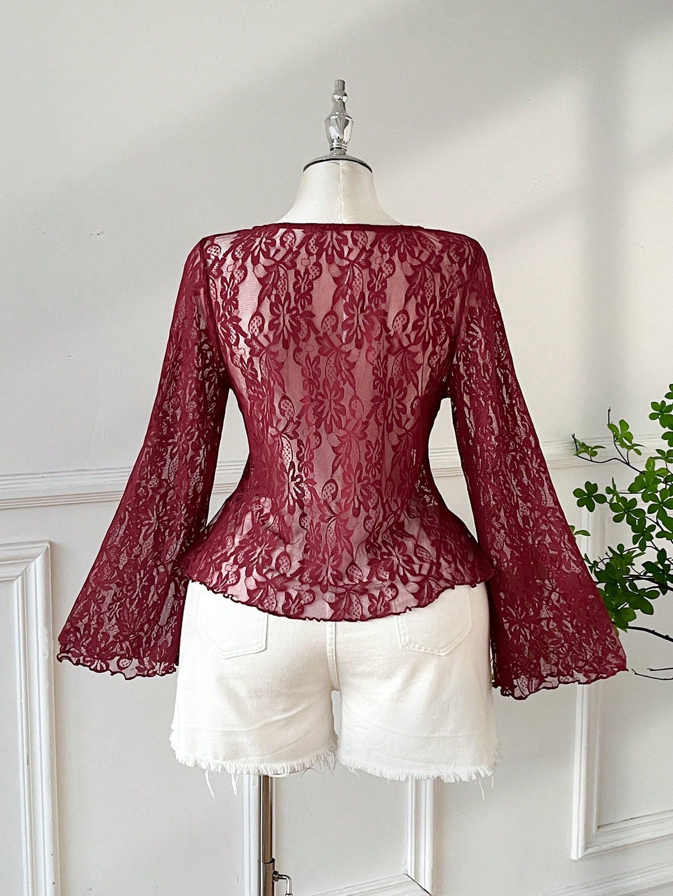 EZwear Burgundy Plus Size Elegant Sweetheart Collar Flare Sleeve Tie T-Shirt, Autumn Tea Party Cocktail Evening Date Night Birthday Wedding, Y2k Lace Top