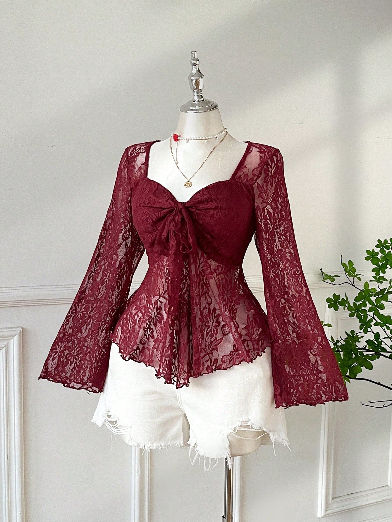 EZwear Burgundy Plus Size Elegant Sweetheart Collar Flare Sleeve Tie T-Shirt, Autumn Tea Party Cocktail Evening Date Night Birthday Wedding, Y2k Lace Top
