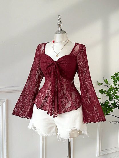 EZwear Burgundy Plus Size Elegant Sweetheart Collar Flare Sleeve Tie T-Shirt, Autumn Tea Party Cocktail Evening Date Night Birthday Wedding, Y2k Lace Top