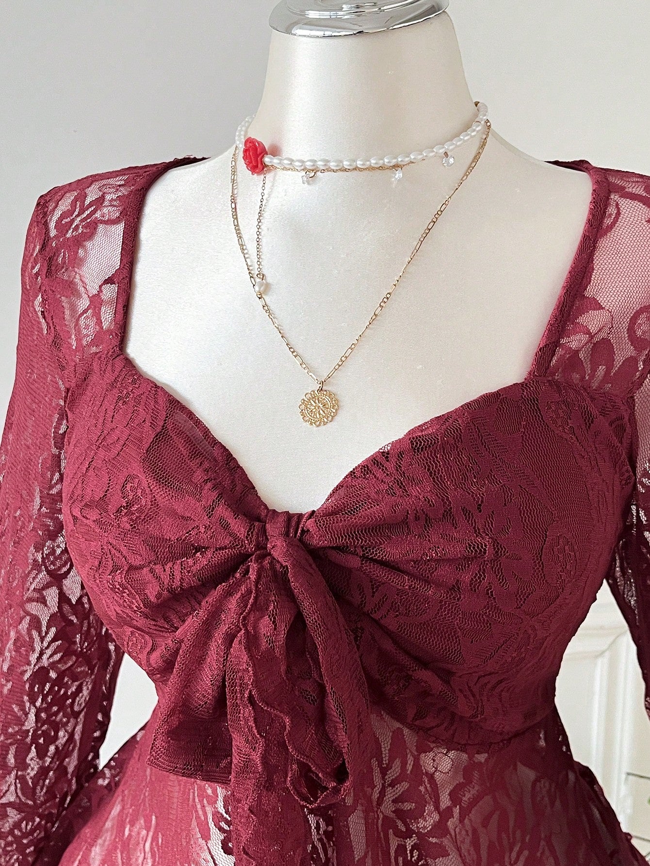 EZwear Burgundy Plus Size Elegant Sweetheart Collar Flare Sleeve Tie T-Shirt, Autumn Tea Party Cocktail Evening Date Night Birthday Wedding, Y2k Lace Top