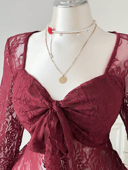 EZwear Burgundy Plus Size Elegant Sweetheart Collar Flare Sleeve Tie T-Shirt, Autumn Tea Party Cocktail Evening Date Night Birthday Wedding, Y2k Lace Top
