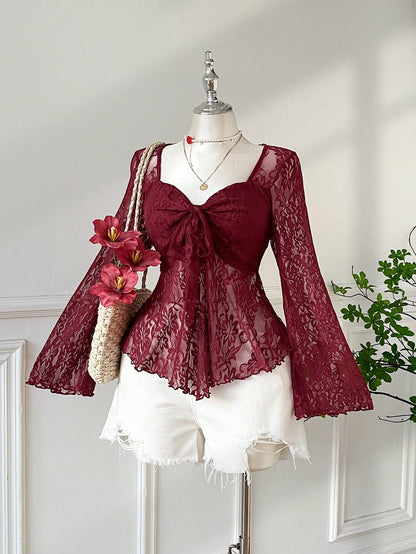 EZwear Burgundy Plus Size Elegant Sweetheart Collar Flare Sleeve Tie T-Shirt, Autumn Tea Party Cocktail Evening Date Night Birthday Wedding, Y2k Lace Top