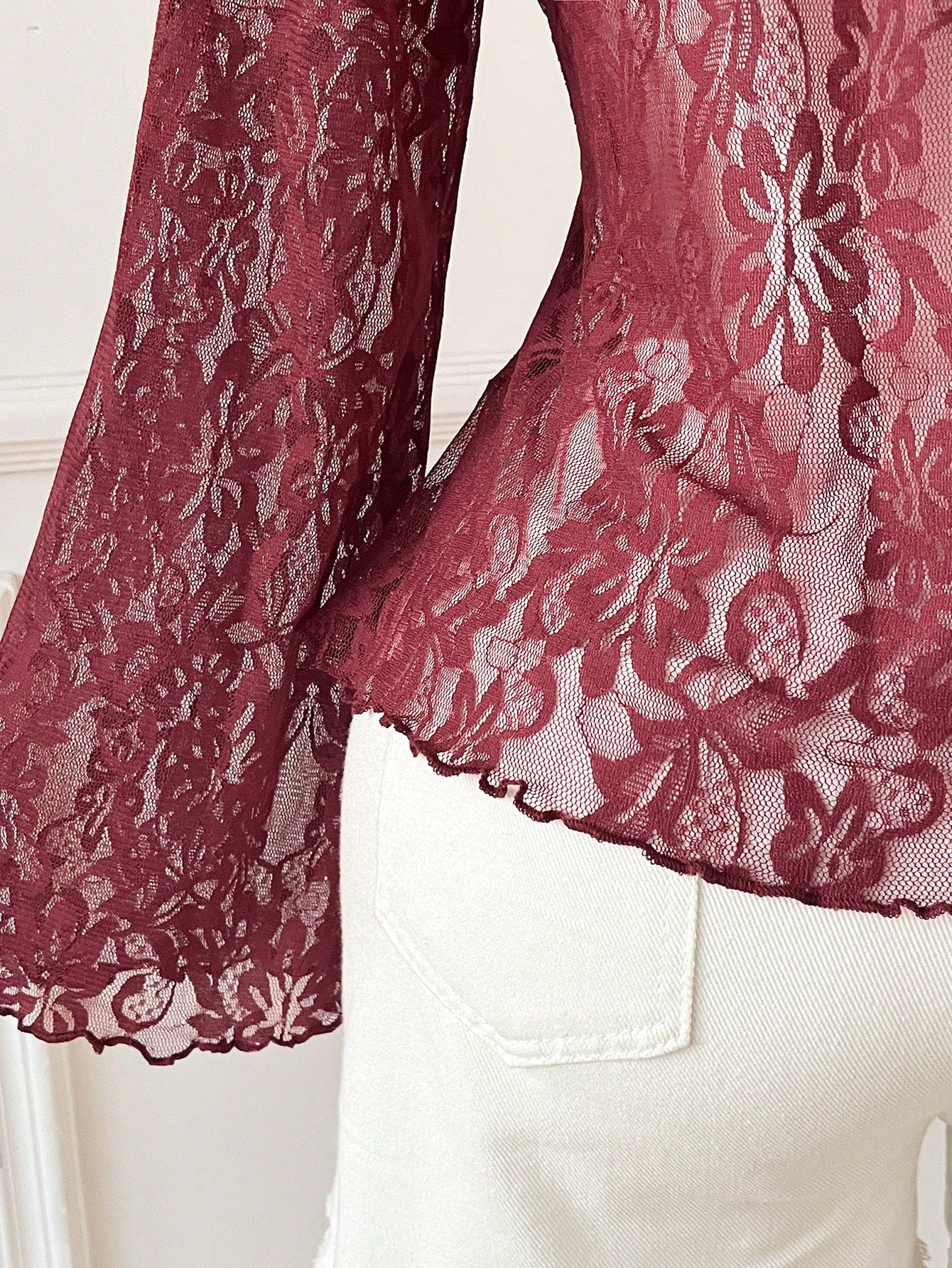EZwear Burgundy Plus Size Elegant Sweetheart Collar Flare Sleeve Tie T-Shirt, Autumn Tea Party Cocktail Evening Date Night Birthday Wedding, Y2k Lace Top