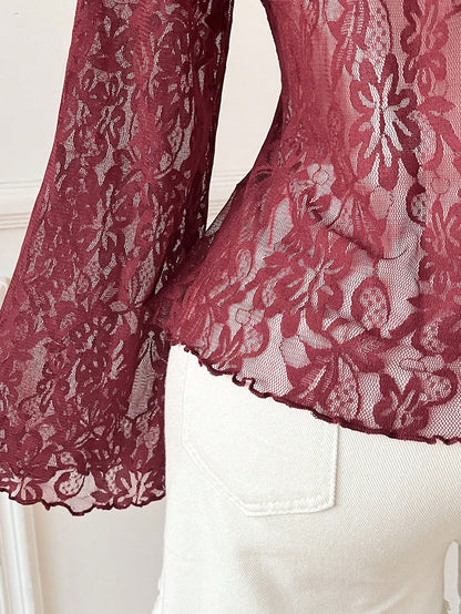 EZwear Burgundy Plus Size Elegant Sweetheart Collar Flare Sleeve Tie T-Shirt, Autumn Tea Party Cocktail Evening Date Night Birthday Wedding, Y2k Lace Top