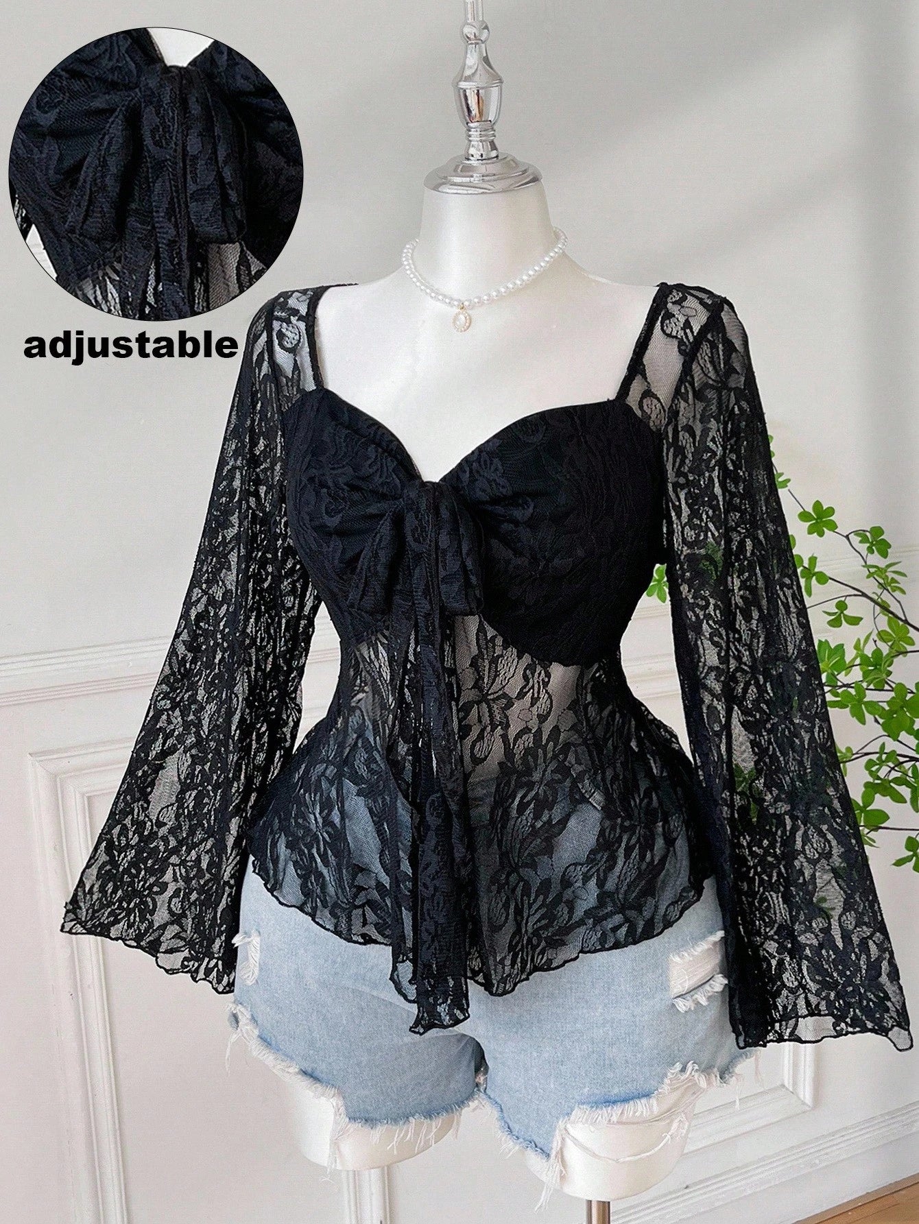 EZwear Burgundy Plus Size Elegant Sweetheart Collar Flare Sleeve Tie T-Shirt, Autumn Tea Party Cocktail Evening Date Night Birthday Wedding, Y2k Lace Top
