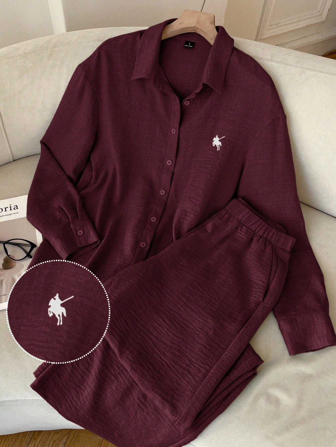 EZwear Burgundy Woven Knight Embroidery Long Sleeve Shirt And Pants Casual Preppy Set Everyday Lounge Travel Autumn