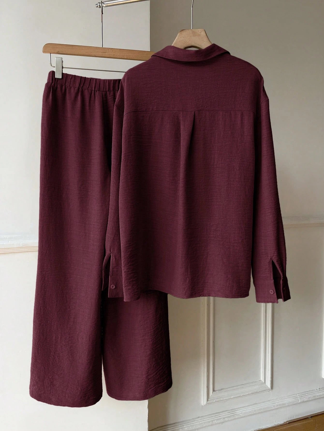 EZwear Burgundy Woven Knight Embroidery Long Sleeve Shirt And Pants Casual Preppy Set Everyday Lounge Travel Autumn